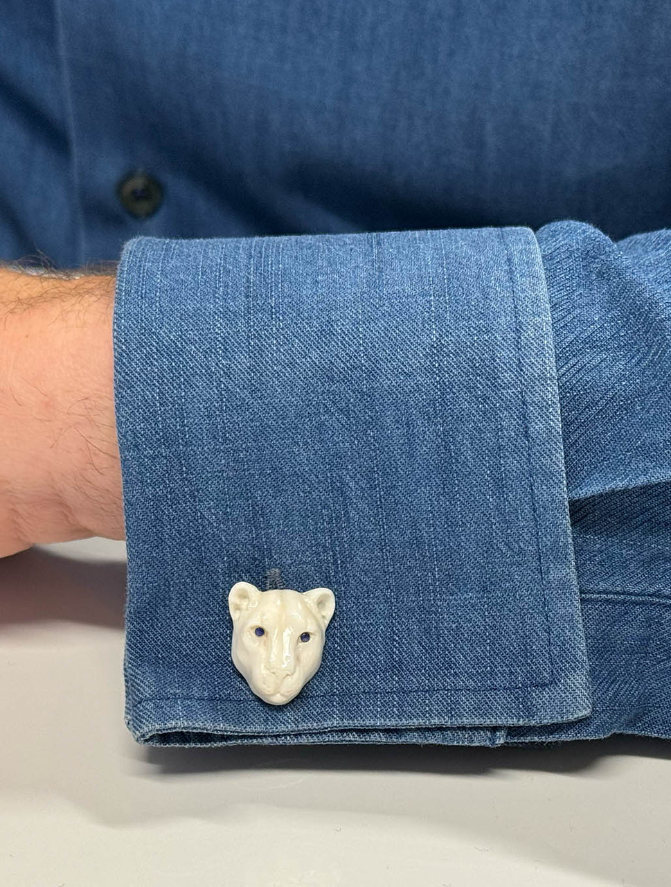 Hand Carved Bone Lion Cufflinks with Sapphire Eyes | Spivey - Harpers